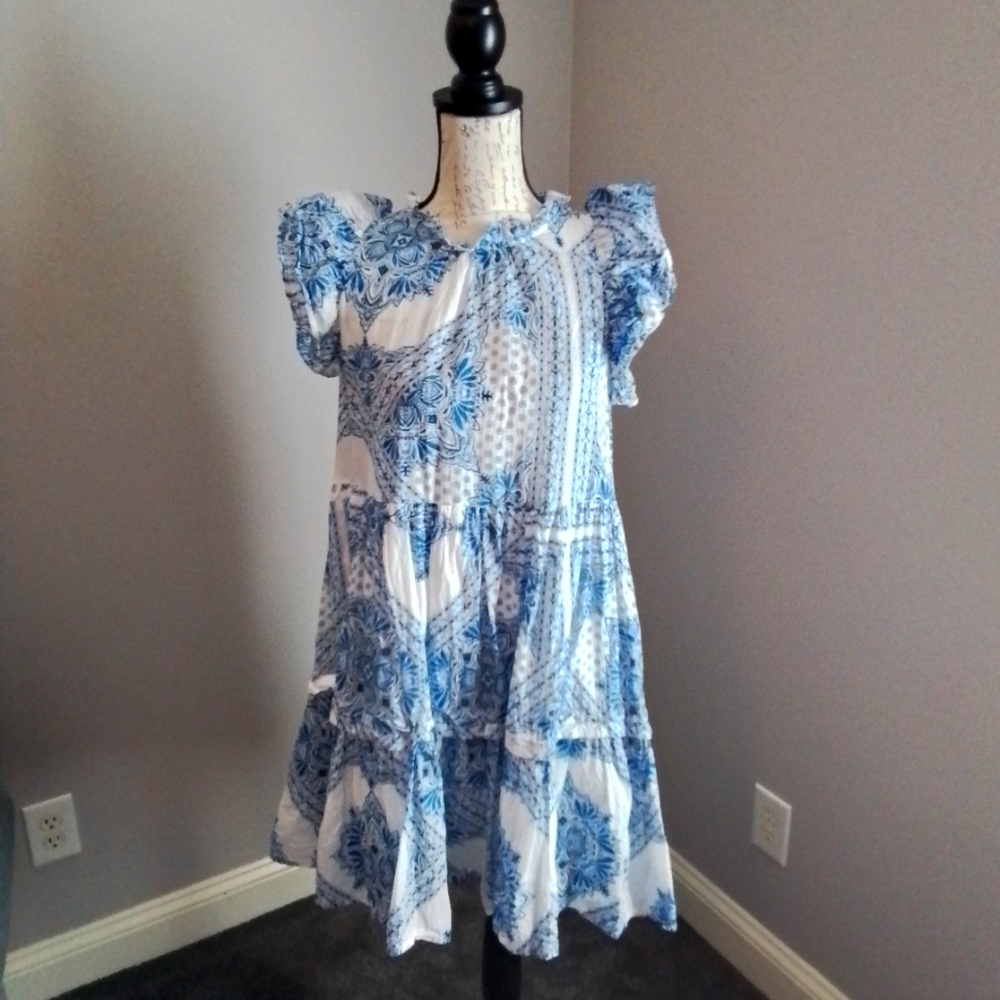 Olivaceous Blue & White Cotton Ruffle Dress - M